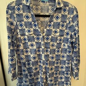 J. McLaughlin Blue and white geometric Patterned linen blend Top size small